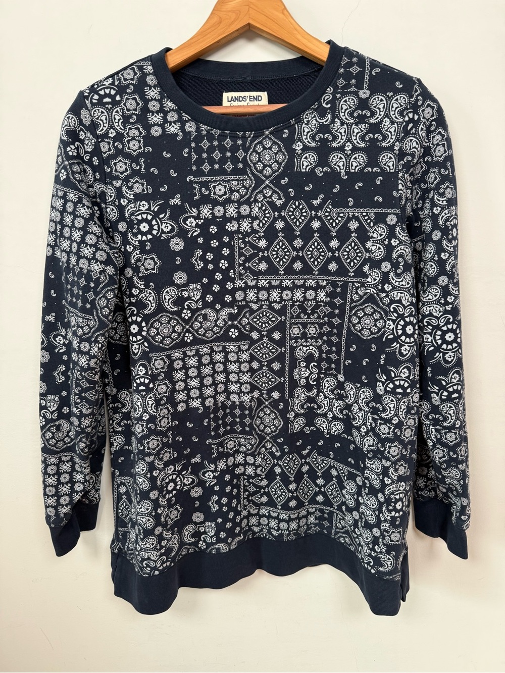 Lands' End Serious Sweats Bandana Paisley Patchwork Sweatshirt Navy Size S